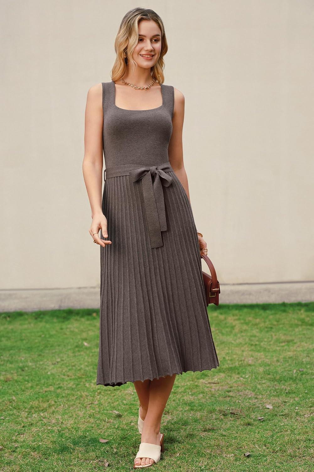 image:imageArachampCloz Womens Wool Blend Square Neck Tie Waist Pleated Summer Sweater Dress 2026Coffee