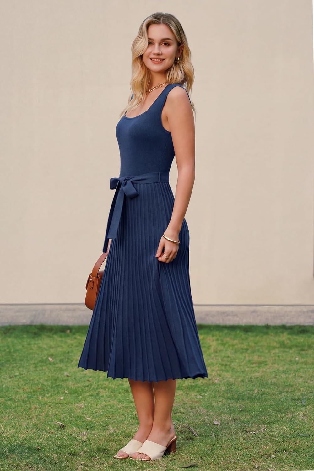 image:imageArachampCloz Womens Wool Blend Square Neck Tie Waist Pleated Summer Sweater Dress 2026Navy