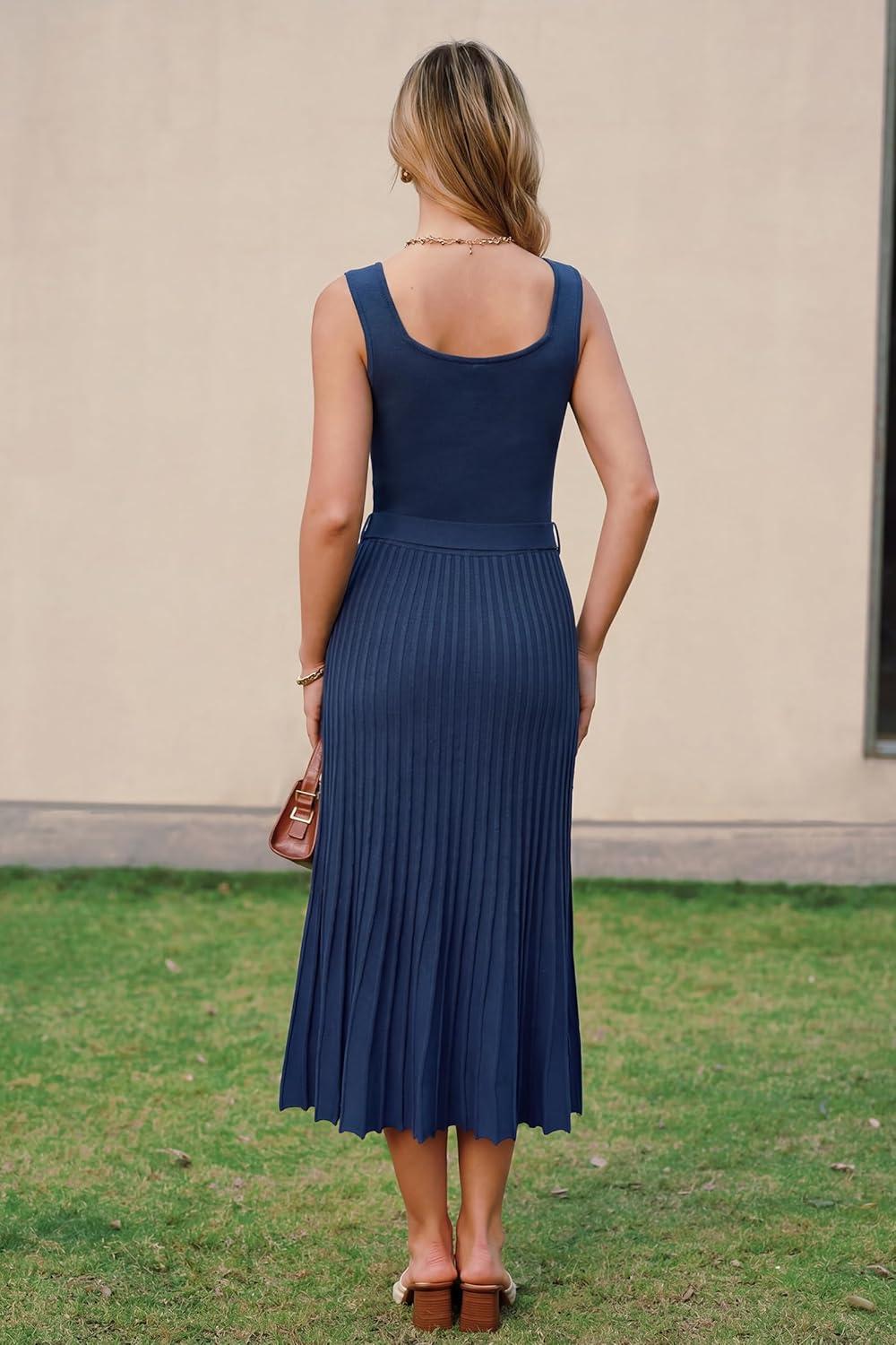 image:imageArachampCloz Womens Wool Blend Square Neck Tie Waist Pleated Summer Sweater Dress 2026Navy