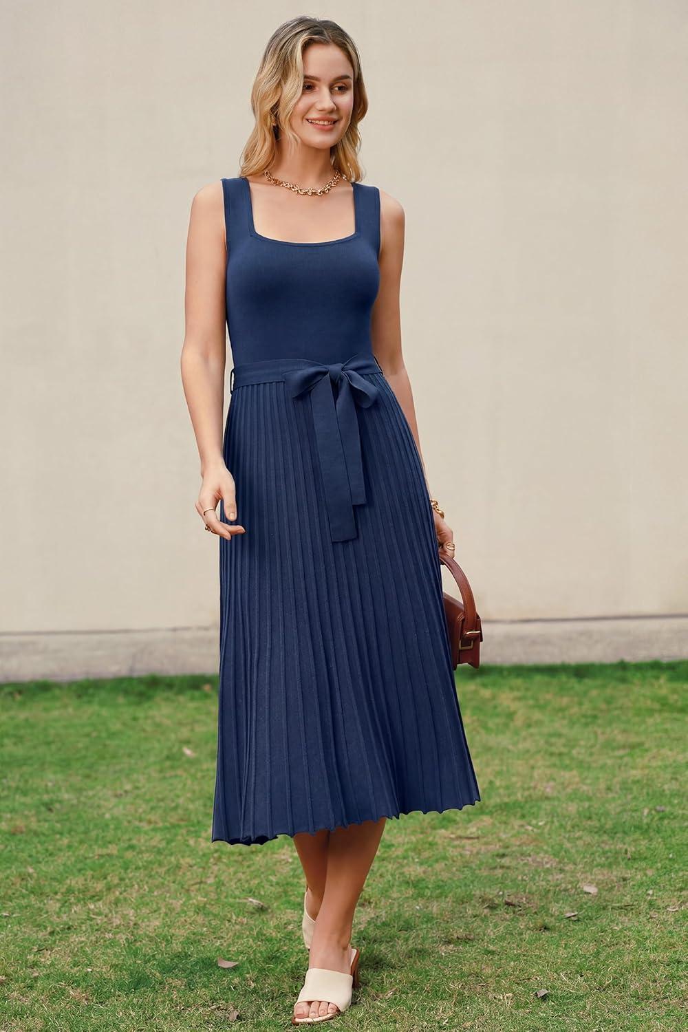image:imageArachampCloz Womens Wool Blend Square Neck Tie Waist Pleated Summer Sweater Dress 2026Navy