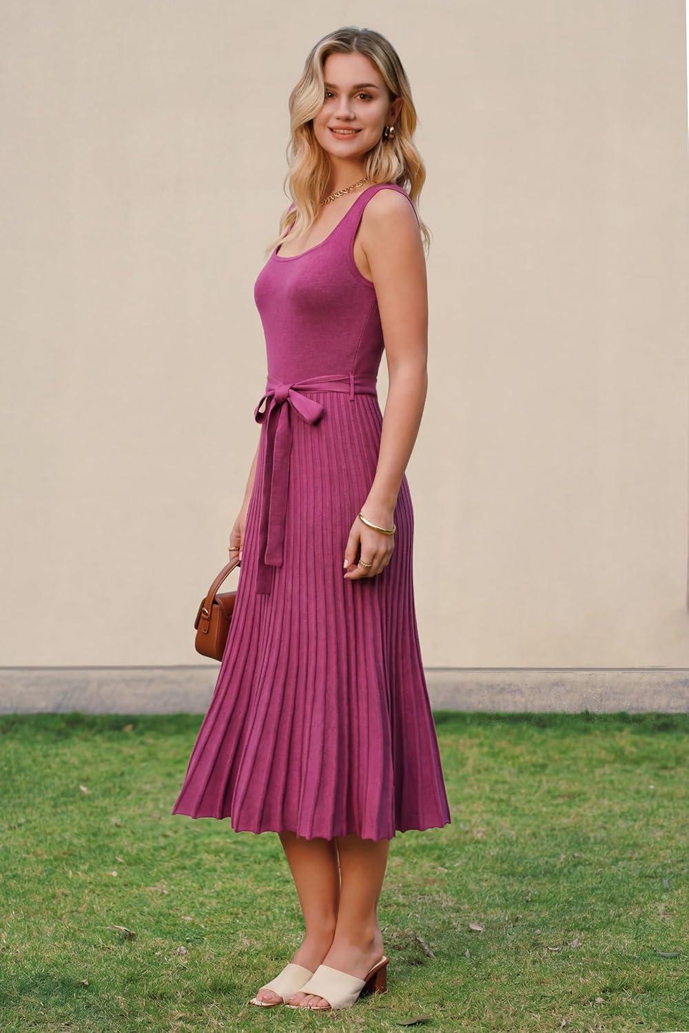 image:imageArachampCloz Womens Wool Blend Square Neck Tie Waist Pleated Summer Sweater Dress 2026Rose Red