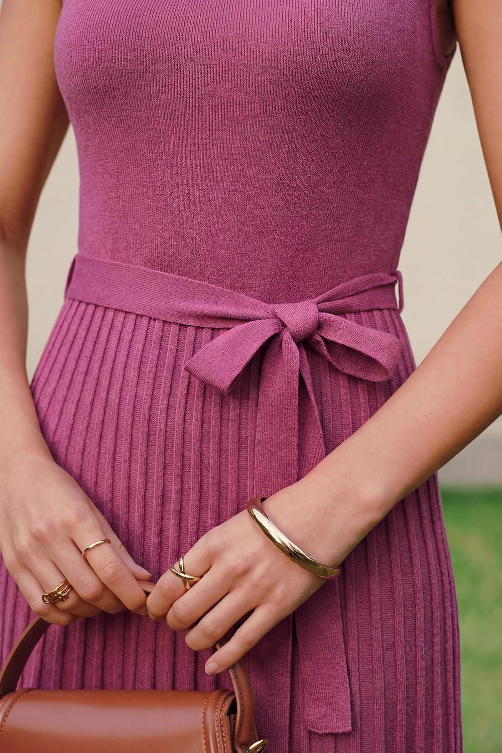 image:imageArachampCloz Womens Wool Blend Square Neck Tie Waist Pleated Summer Sweater Dress 2026Rose Red