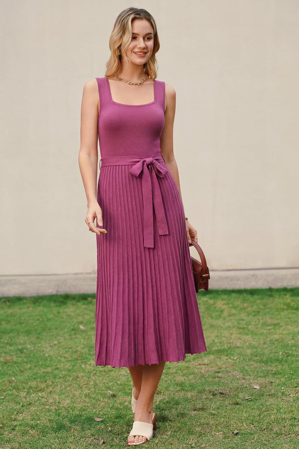 image:imageArachampCloz Womens Wool Blend Square Neck Tie Waist Pleated Summer Sweater Dress 2026Rose Red