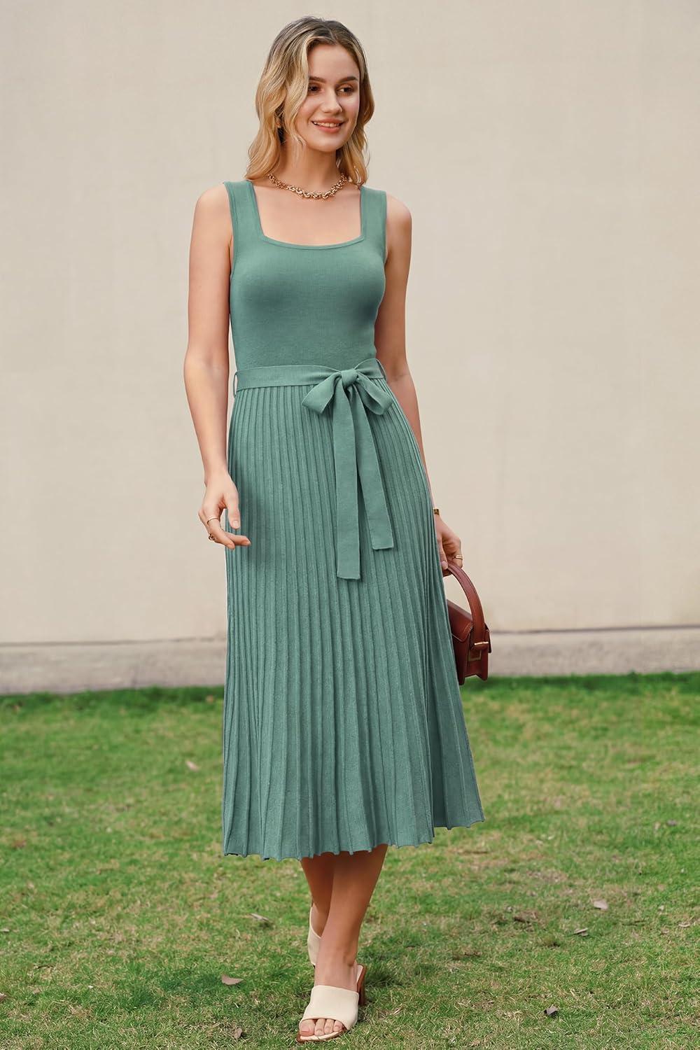 image:imageArachampCloz Womens Wool Blend Square Neck Tie Waist Pleated Summer Sweater Dress 2026Sage Green