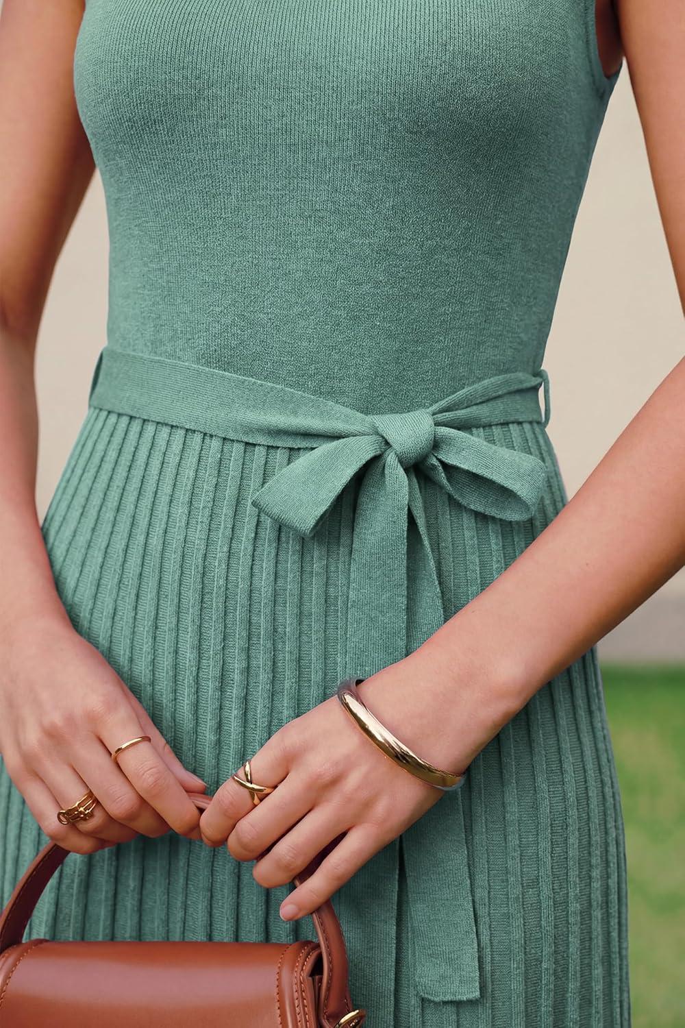 image:imageArachampCloz Womens Wool Blend Square Neck Tie Waist Pleated Summer Sweater Dress 2026Sage Green