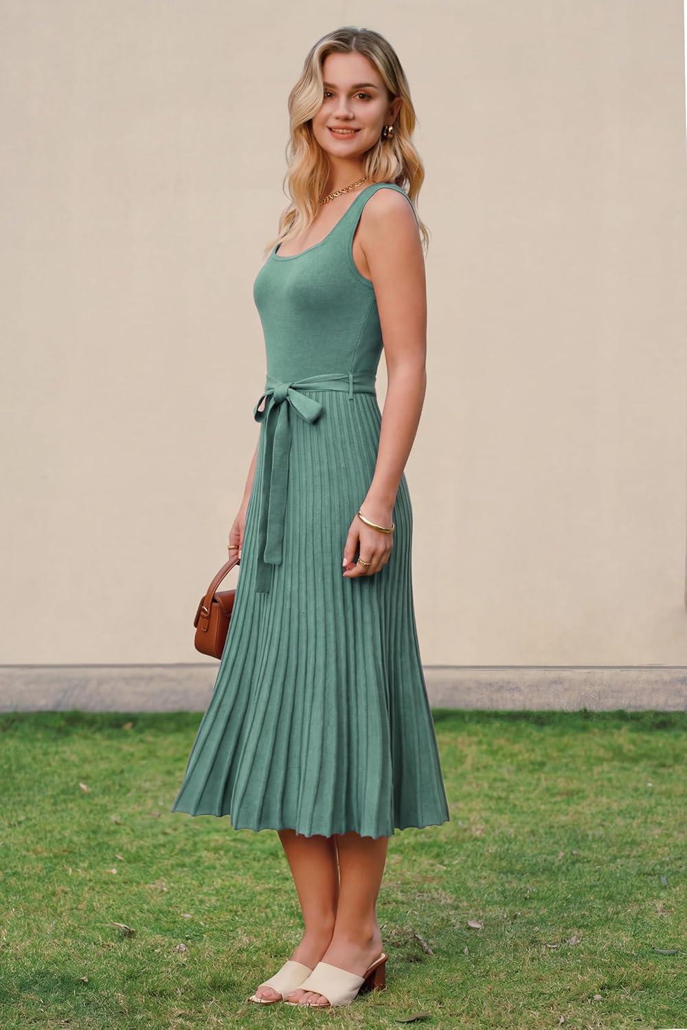 image:imageArachampCloz Womens Wool Blend Square Neck Tie Waist Pleated Summer Sweater Dress 2026Sage Green