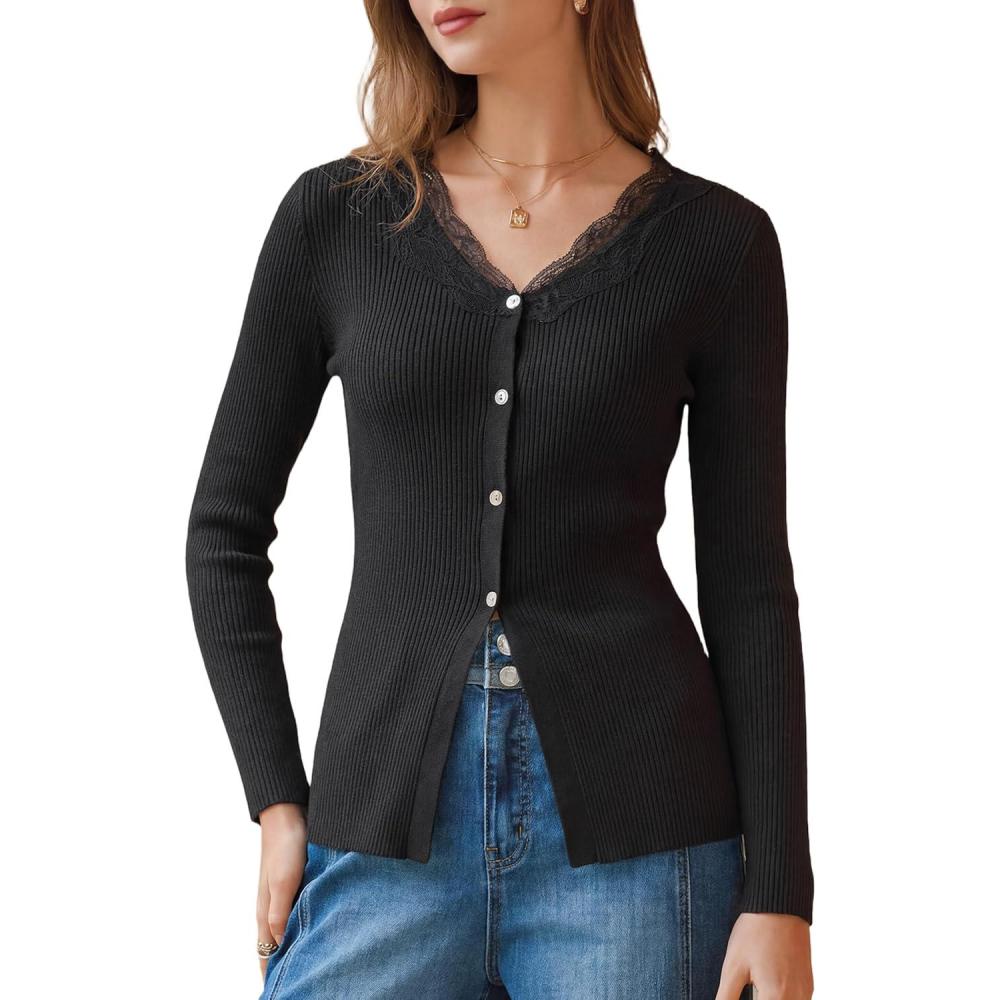 image:imageArachampCloz Womens 100 Cotton Lace Button Going Out Slim Fitted Cardigan Sweater 2026Black