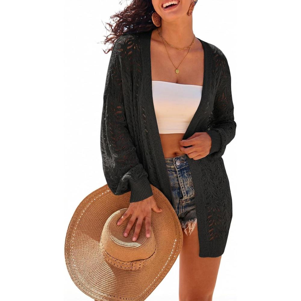 image:imageArachampCloz Womens Crochet Cover Up Linen Blend Open Front Beach Oversized Kimonos 2026Black