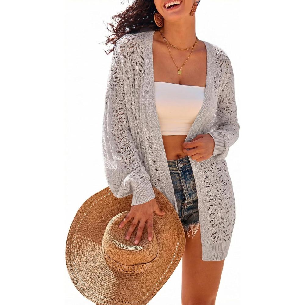 image:imageArachampCloz Womens Crochet Cover Up Linen Blend Open Front Beach Oversized Kimonos 2026Grey