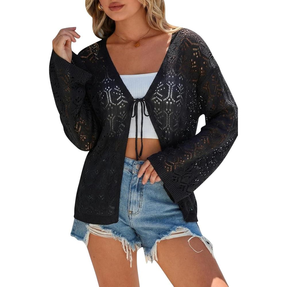 image:imageArachampCloz Womens Linen Blend Crochet Cardigans Summer Lightweight Hollow Out Beach Vacation Outfits Trendy 2026Black