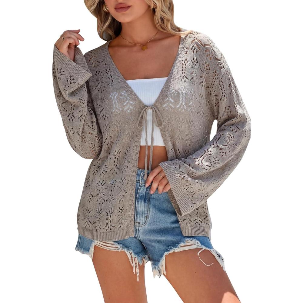 image:imageArachampCloz Womens Linen Blend Crochet Cardigans Summer Lightweight Hollow Out Beach Vacation Outfits Trendy 2026Nutmeg
