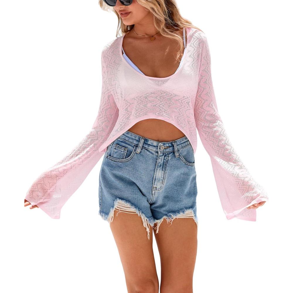 image:imageArachampCloz Womens Linen Blend Tie Front Crochet Bolero Shrug Beach Cropped Lightweight Cardigan 2026Pink