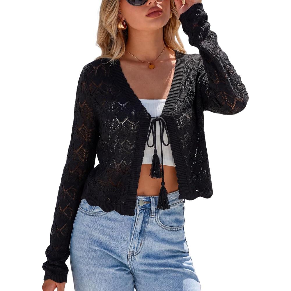 image:imageArachampCloz Womens Linen Tie Front Crochet Spring Shrug Beach Vacation Cropped CardiganBlack