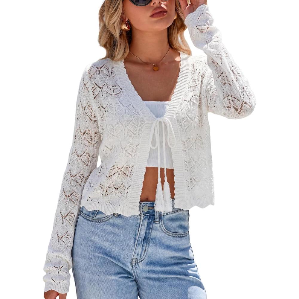 image:imageArachampCloz Womens Linen Tie Front Crochet Spring Shrug Beach Vacation Cropped CardiganWhite