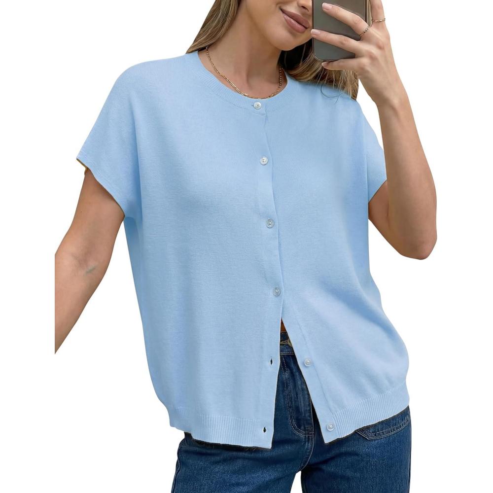 image:imageArachampCloz Womens Wool Blend Batwing Short Sleeve Button Up Summer Oversized Cardigan SweatersLight Blue
