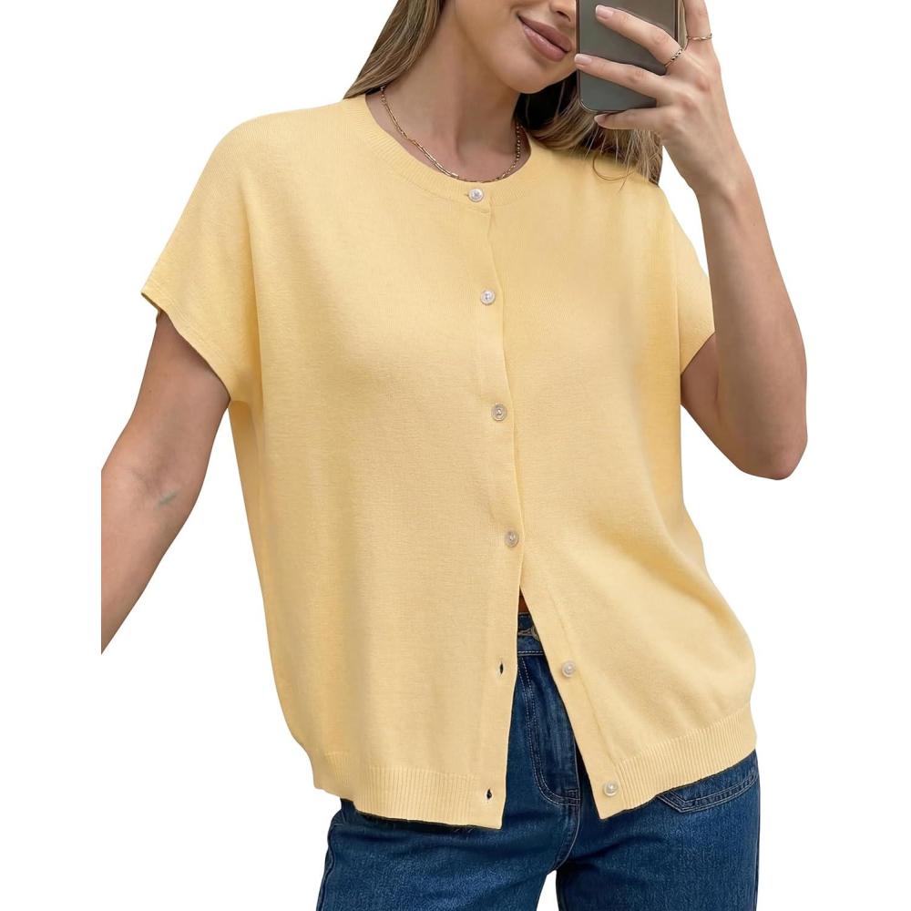 image:imageArachampCloz Womens Wool Blend Batwing Short Sleeve Button Up Summer Oversized Cardigan SweatersYellow