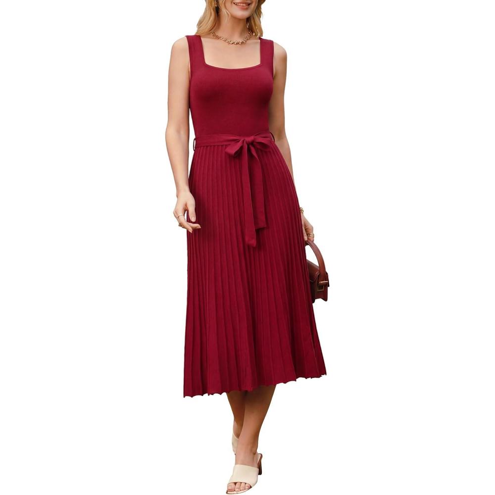 image:imageArachampCloz Womens Wool Blend Square Neck Tie Waist Pleated Summer Sweater Dress 2026Burgundy