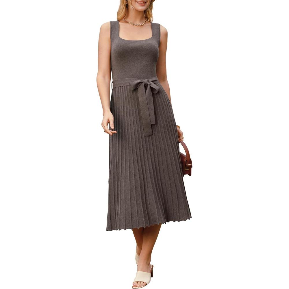 image:imageArachampCloz Womens Wool Blend Square Neck Tie Waist Pleated Summer Sweater Dress 2026Coffee