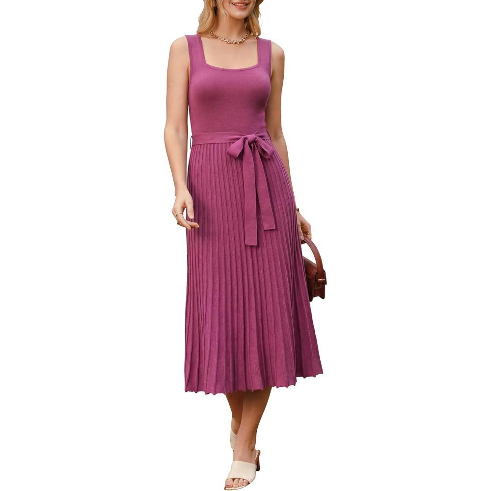 image:imageArachampCloz Womens Wool Blend Square Neck Tie Waist Pleated Summer Sweater Dress 2026Rose Red