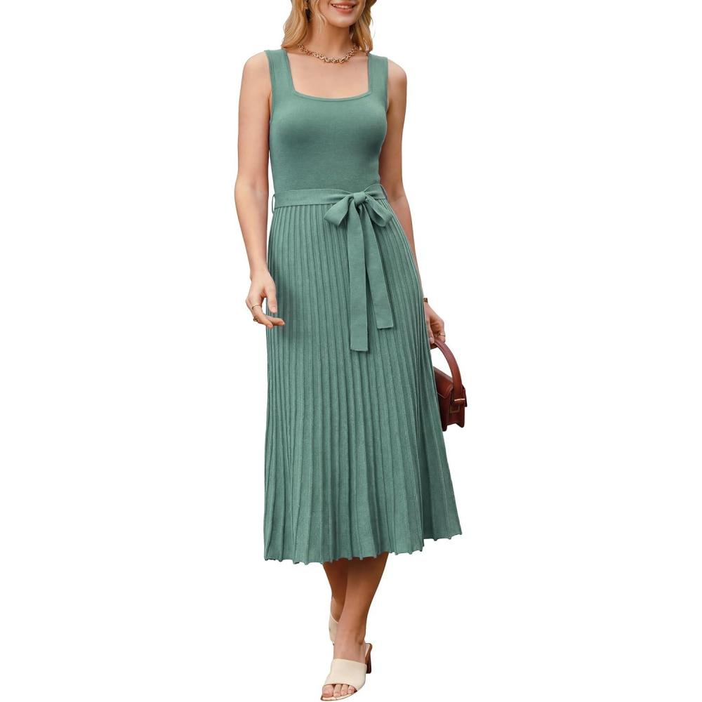 image:imageArachampCloz Womens Wool Blend Square Neck Tie Waist Pleated Summer Sweater Dress 2026Sage Green