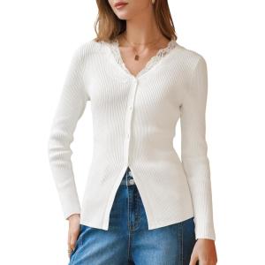 Arach&Cloz Women’s 100% Cotton Lace Button Going Out Slim Fitted Cardigan Sweater 2026(Beige)