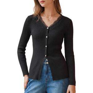 Arach&Cloz Women’s 100% Cotton Lace Button Going Out Slim Fitted Cardigan Sweater 2026(Black)