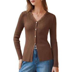 Arach&Cloz Women’s 100% Cotton Lace Button Going Out Slim Fitted Cardigan Sweater 2026(Brown)