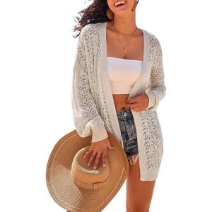 Arach&Cloz Women’s Crochet Cover Up Linen Blend Open Front Beach Oversized Kimonos 2026(Beige)