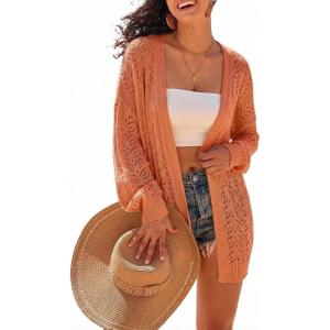 Arach&Cloz Women’s Crochet Cover Up Linen Blend Open Front Beach Oversized Kimonos 2026(Orange)