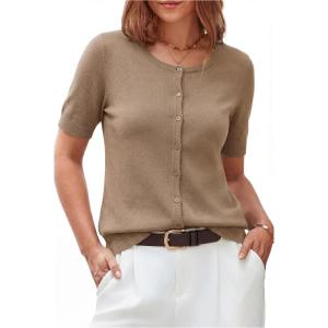 Arach&Cloz Women’s Lightweight Short Sleeve Business Casual Cropped Cardigan Tops(A-camel)