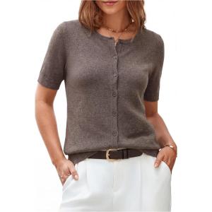 Arach&Cloz Women’s Lightweight Short Sleeve Business Casual Cropped Cardigan Tops(A-coffee)