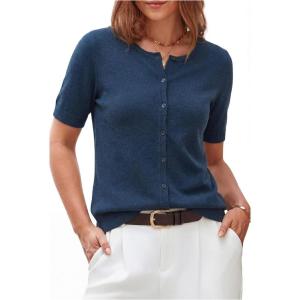 Arach&Cloz Women’s Lightweight Short Sleeve Business Casual Cropped Cardigan Tops(A-dark Blue)