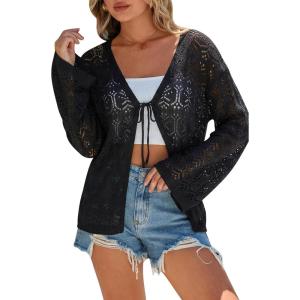 Arach&Cloz Women’s Linen Blend Crochet Cardigans Summer Lightweight Hollow Out Beach Vacation Outfits Trendy 2026(Black)