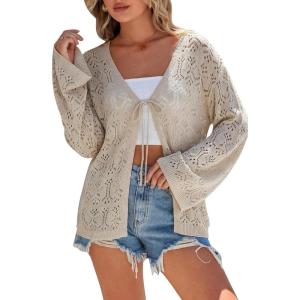Arach&Cloz Women’s Linen Blend Crochet Cardigans Summer Lightweight Hollow Out Beach Vacation Outfits Trendy 2026(Khaki)