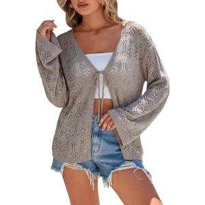 Arach&Cloz Women’s Linen Blend Crochet Cardigans Summer Lightweight Hollow Out Beach Vacation Outfits Trendy 2026(Nutmeg)