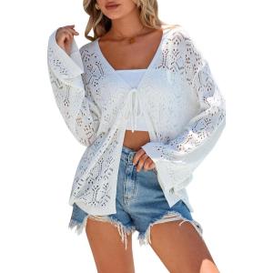 Arach&Cloz Women’s Linen Blend Crochet Cardigans Summer Lightweight Hollow Out Beach Vacation Outfits Trendy 2026(White)