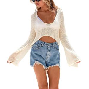Arach&Cloz Women’s Linen Blend Tie Front Crochet Bolero Shrug Beach Cropped Lightweight Cardigan 2026(Apricot)
