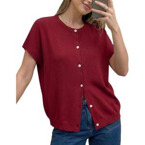 Arach&Cloz Women’s Wool Blend Batwing Short Sleeve Button Up Summer Oversized Cardigan Sweaters(Burgundy)