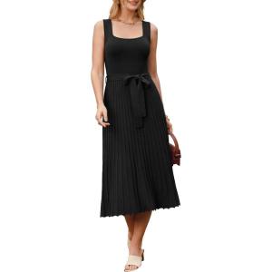 Arach&Cloz Women’s Wool Blend Square Neck Tie Waist Pleated Summer Sweater Dress 2026(Black)