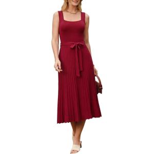 Arach&Cloz Women’s Wool Blend Square Neck Tie Waist Pleated Summer Sweater Dress 2026(Burgundy)