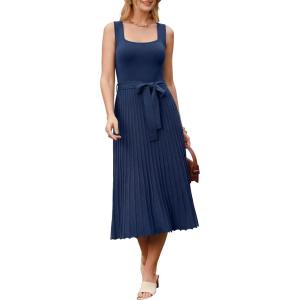 Arach&Cloz Women’s Wool Blend Square Neck Tie Waist Pleated Summer Sweater Dress 2026(Navy)