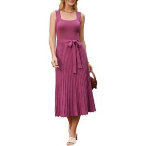 Arach&Cloz Women’s Wool Blend Square Neck Tie Waist Pleated Summer Sweater Dress 2026(Rose Red)