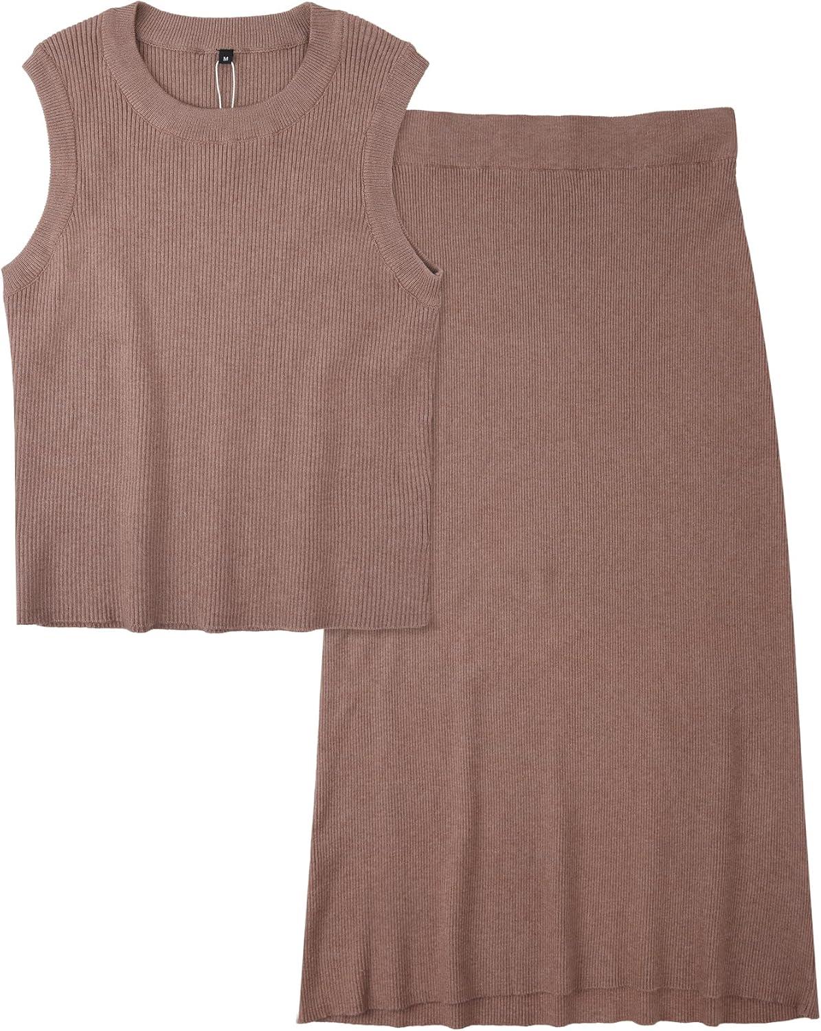 image:imageArachampCloz Womens Non See Through 2 Piece Sets Tank Top and Midi Skirt Knit OutfitsCoffee