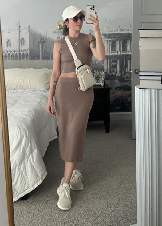 image:imageArachampCloz Womens Non See Through 2 Piece Sets Tank Top and Midi Skirt Knit OutfitsCoffee
