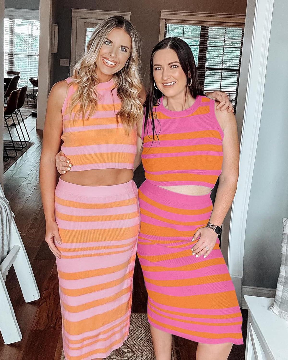 image:imageArachampCloz Womens Non See Through 2 Piece Sets Tank Top and Midi Skirt Knit OutfitsDark Orange Pink