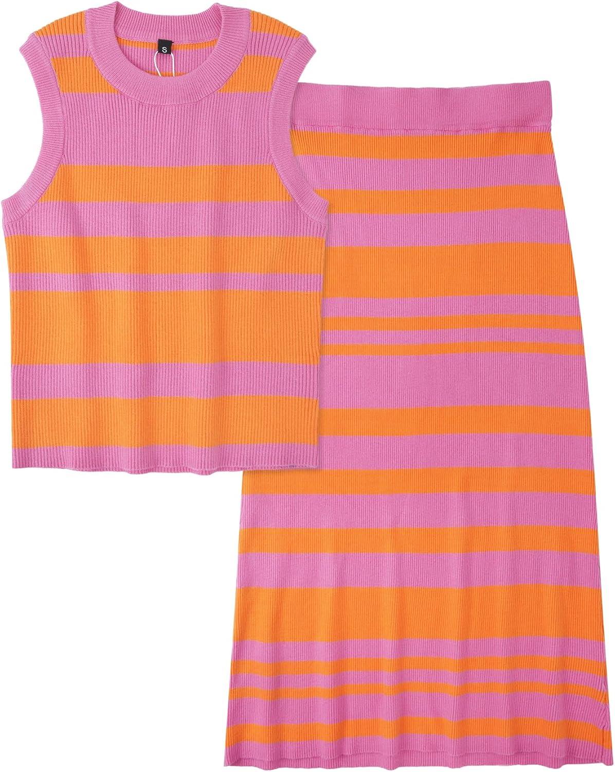 image:imageArachampCloz Womens Non See Through 2 Piece Sets Tank Top and Midi Skirt Knit OutfitsDark Orange Pink