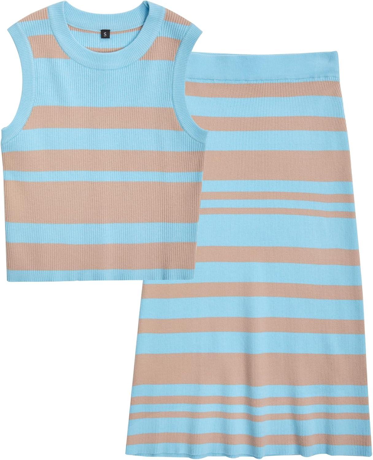 image:imageArachampCloz Womens Non See Through 2 Piece Sets Tank Top and Midi Skirt Knit OutfitsLight Bluebrown