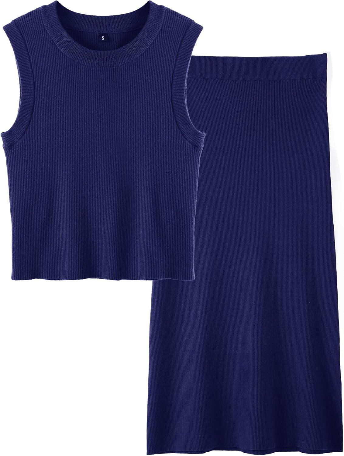 image:imageArachampCloz Womens Non See Through 2 Piece Sets Tank Top and Midi Skirt Knit OutfitsNavy