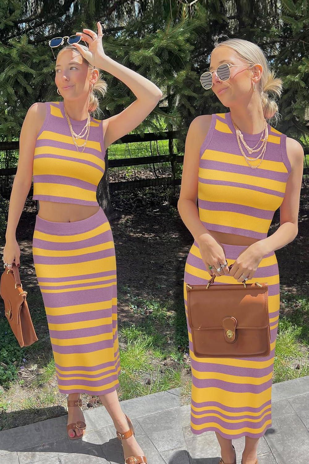 image:imageArachampCloz Womens Non See Through 2 Piece Sets Tank Top and Midi Skirt Knit OutfitsPurpleyellow