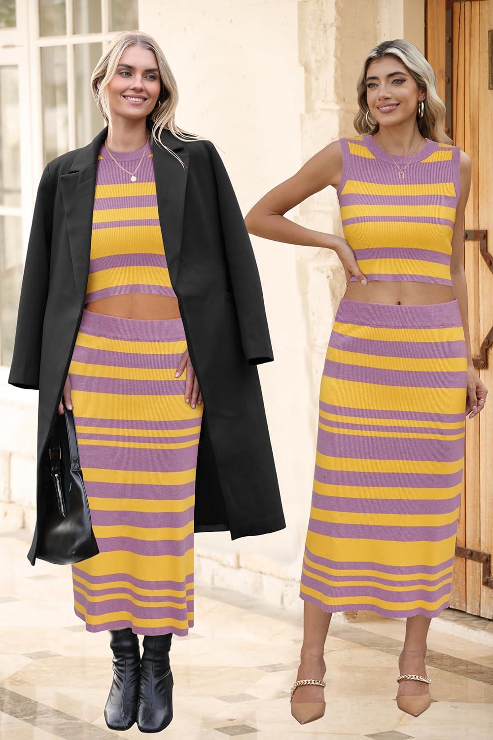 image:imageArachampCloz Womens Non See Through 2 Piece Sets Tank Top and Midi Skirt Knit OutfitsPurpleyellow